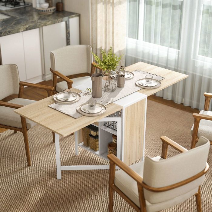 Mesa de cocina plegable - HOMCOM - Mesa de comedor para 4 personas con 4 nichos integrados, ideal para espacios pequeños - MDF - 169x62x75cm - roble blanco