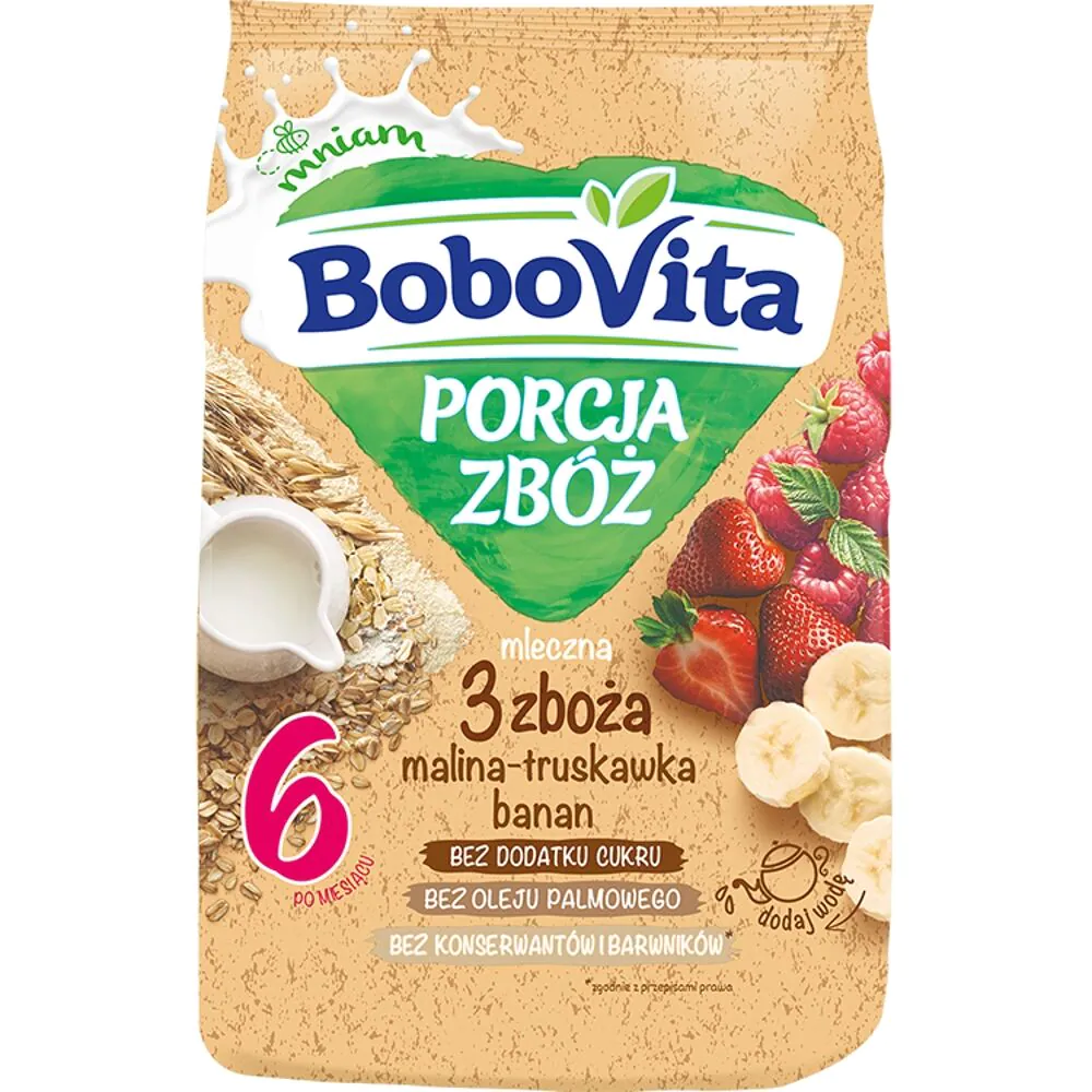 Bobovita Kaszka Porcja Zbóż Mleczna 3 Zboża, Malina, Truskawka, Banan