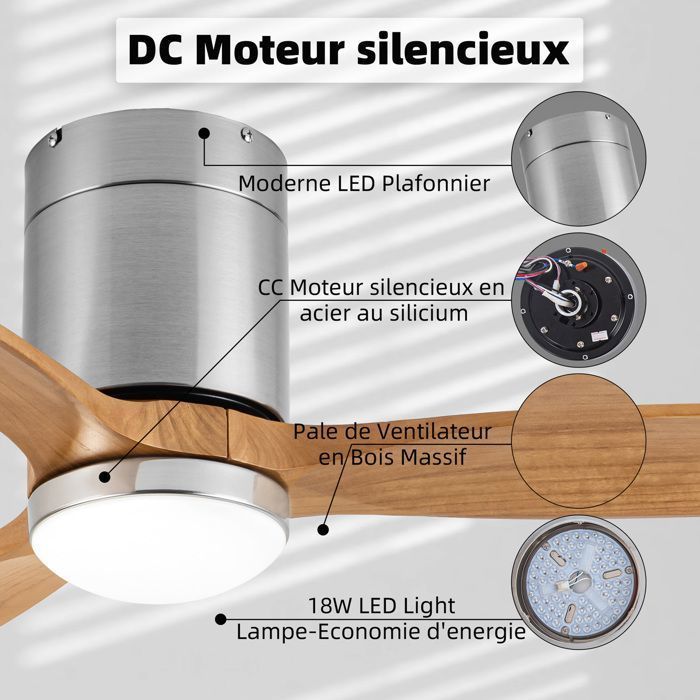 Ventilateur Plafond avec Lumière LED à Intensité Variable, 132 cm, Télécommande/Mode Hiver-Été/Silencieux/Moteur CC 30W/Bois