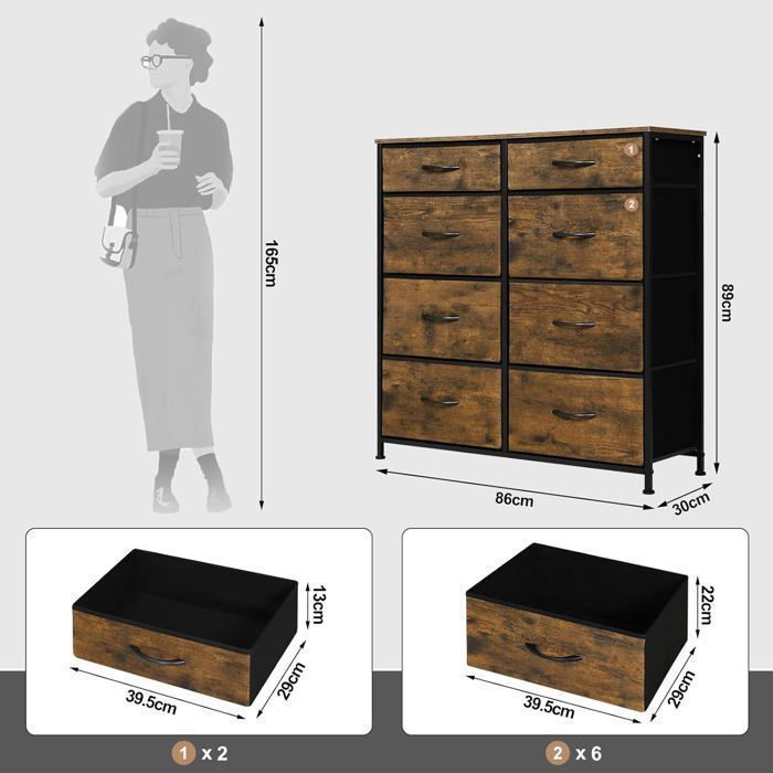 Commode WOLTU - Armoire en MDF - 8 Tiroirs en Tissu - Cadre métal - Marron Rustique W0ITT0094