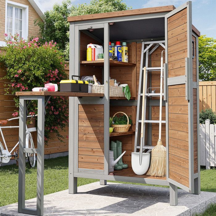 160 cm hoher, wasserfester Gartenschrank aus Tannenholz mit ausziehbarer Arbeitsplatte und verstellbaren Einlegeböden für Gartengeräte