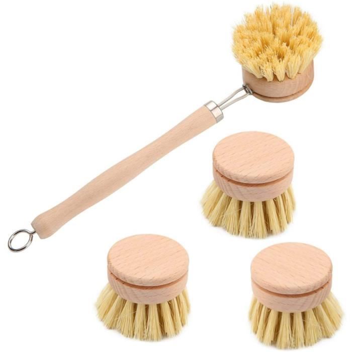 Brosse a Vaisselle De Cuisine, Brosse À Vaisselle Longue Manche,Brosses De Nettoyage En Bois Avec 3 Têtes De Rechange - 1Set
