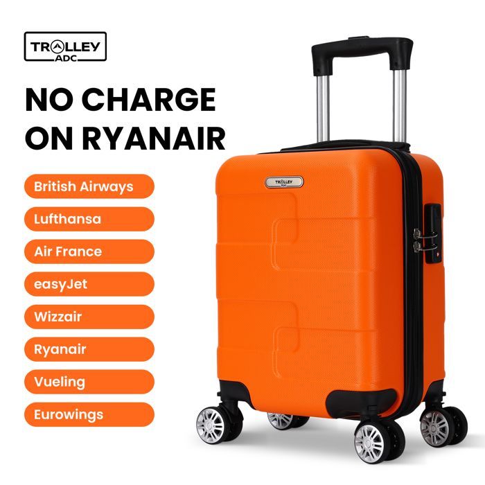 Mala de cabine Ryanair 40x30x20 cm – ABS rígido e leve – 4 rodas duplas removíveis – Preta – Carrinho ADC – Etiqueta de bagagem grátis