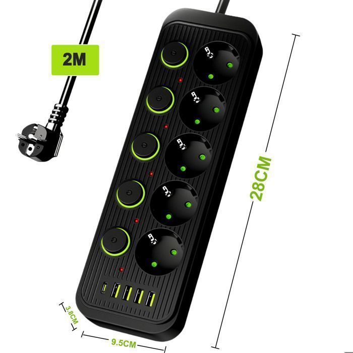 2500W Power Strip, BYONDSELF®, Power Outlet with 5 Individual Switches, 5 Outlets, 4 USB Ports, 1 Type-C Port, 2m Cable