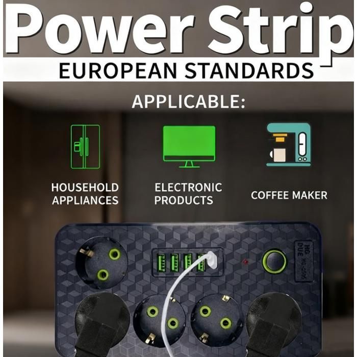 Regleta eléctrica de 6 tomas con 5 puertos USB, con protección contra sobretensiones e interruptor, cable de 3 m.
