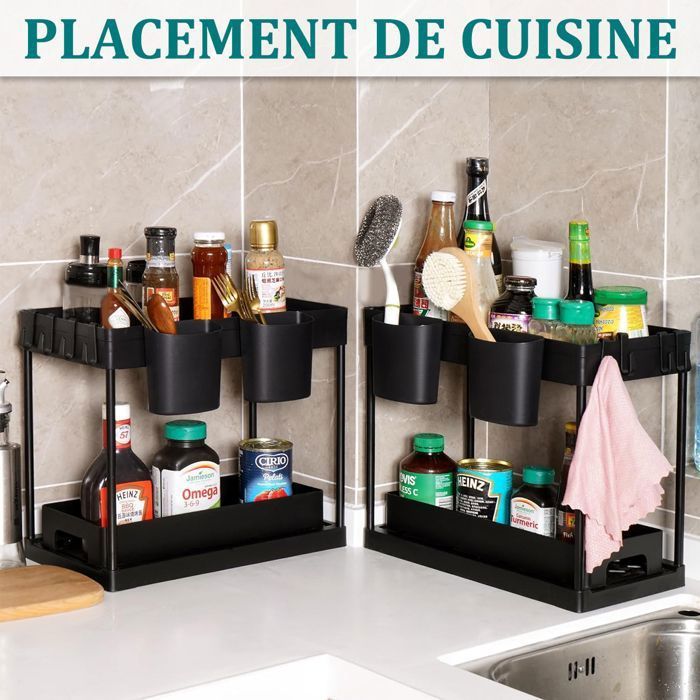Set of 2 Under Sink Cabinets - Under Sink Organizer with Pull-Out Drawer - Kitchen Storage and Organization, Black