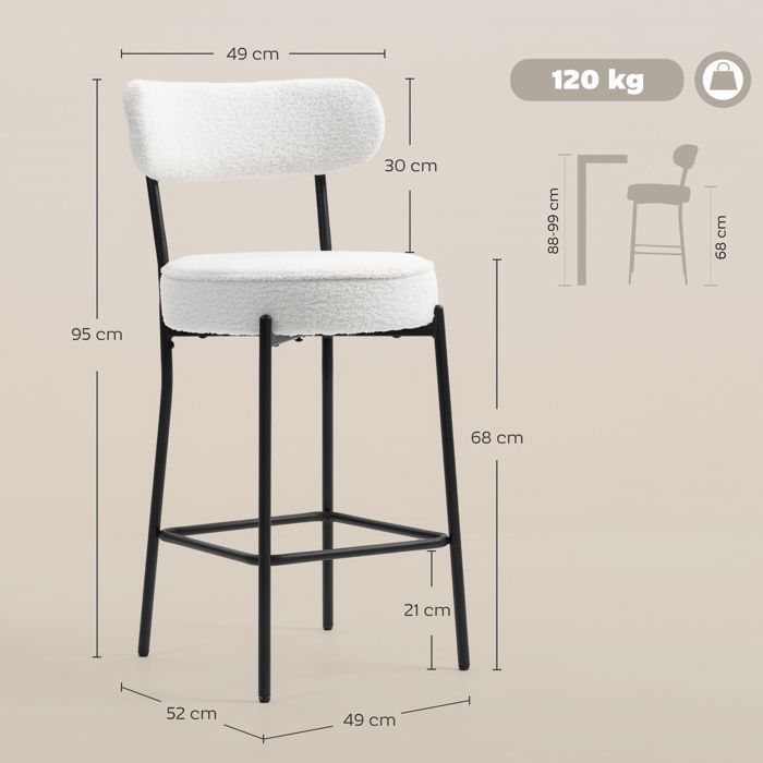 Juego de 2 taburetes de bar - HOMCOM - asiento ancho, respaldo curvo y reposapiés - tejido bouclé - 49x52x95cm - crema