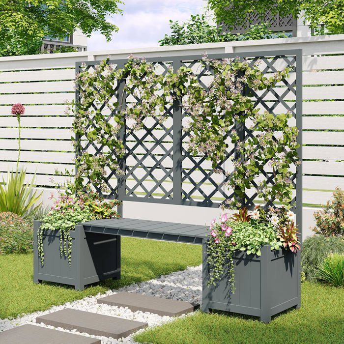 Planter with trellis - Flower box with plenty of space - Brown solid wood planter - With trellis and seat - For garden