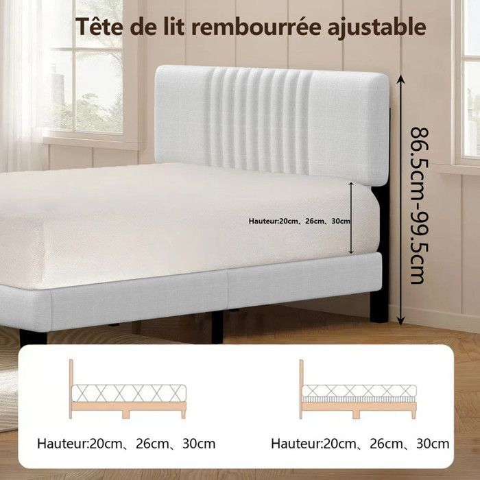 Cama doble, estructura de cama, apta para un colchón de 140 x 190 cm, cabecero acolchado ajustable, metal, estilo moderno.