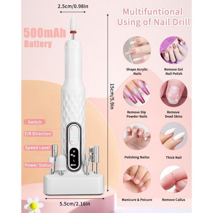 Lime a Ongle Electrique,12 in 1 Nail Drill Ponceuse pour Ongles Professionnel 18000 RPM Portable Kit de Manucure Pédicure Lime a