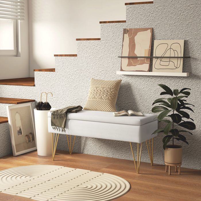 Panca da letto - HOMCOM - Panca contenitore 2 in 1 con gambe a forcina in acciaio dorato - lino - 100x40x49cm - crema
