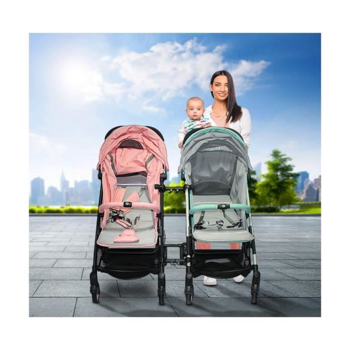 Universal connectors for twin baby strollers transform two single strollers into one double stroller.
