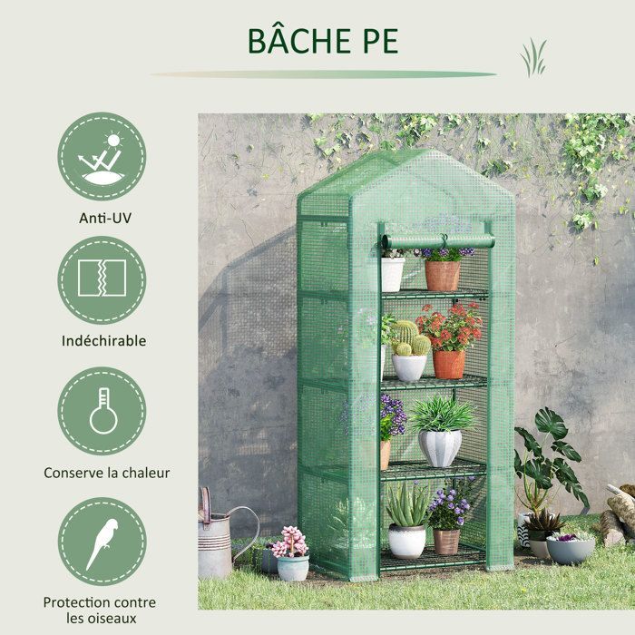 Garden greenhouse - Outsunny - PE shelves, 4 tiers, balcony, reinforced 140 g/m² tarpaulin, flowers - steel - 70x50x160cm - green