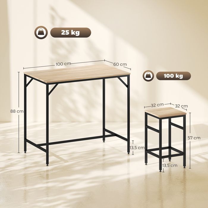 Conjunto de mesa de bar - HOMCOM - estilo industrial + 4 taburetes de roble claro - metal y madera - negro