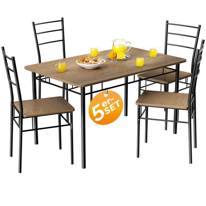 Conjunto CASARIA® LEO: Mesa con 4 sillas, MDF marrón y metal lacado, conjunto de 5 piezas para comedor y cocina.