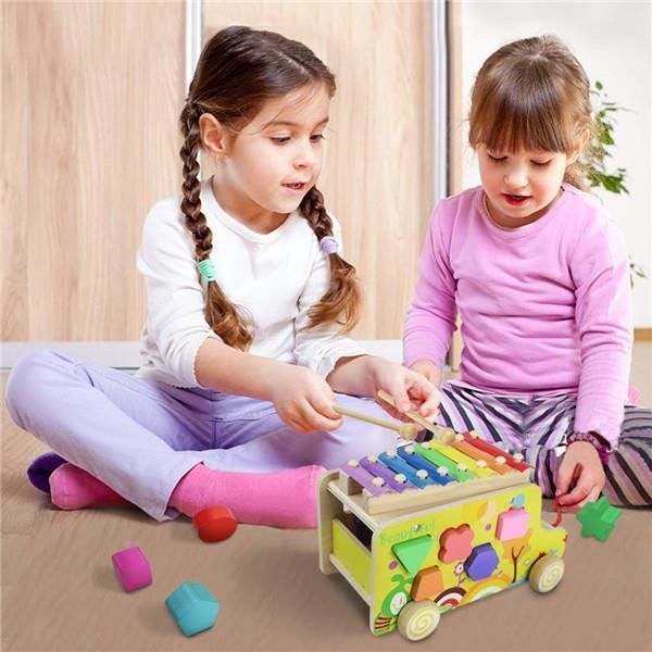 Baby/Toddler Wooden Bus Toy, Children's Building Set, Wooden Xylophone for Babies 18 Months and Up, Geometric Shapes, 8 Tones, and Wooden Hammer