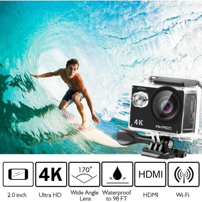 AKASO Caméra Sport EK7000 Ultra HD 4K WIFI Sport Action Caméra V3 Caméscope Étanche DV 20MP Noir Avec 32G Carte
