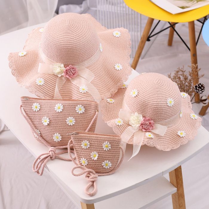 Conjunto de sombrero de paja y bolso para niña FUNMOON, pequeño, de 2 piezas, con estampado floral, nueva colección - 592171