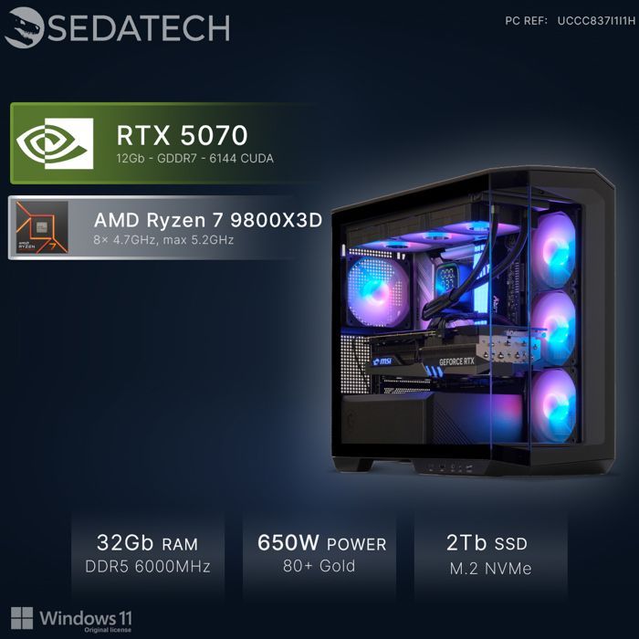Sedatech PC Gamer Advanced Watercooling Large Vision • AMD Ryzen 7 9800X3D • RTX5070 • 32Go DDR5 • 2To SSD M.2 • Windows 11