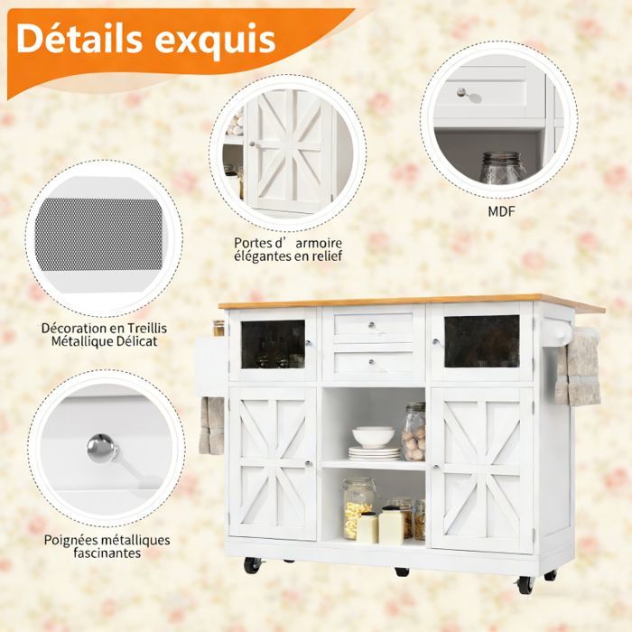 Îlot de cuisine - GENERIQUE - 140x70x93.5 cm - Plateau extensible - Roues 360° (2 freins) - Rangements intégrés