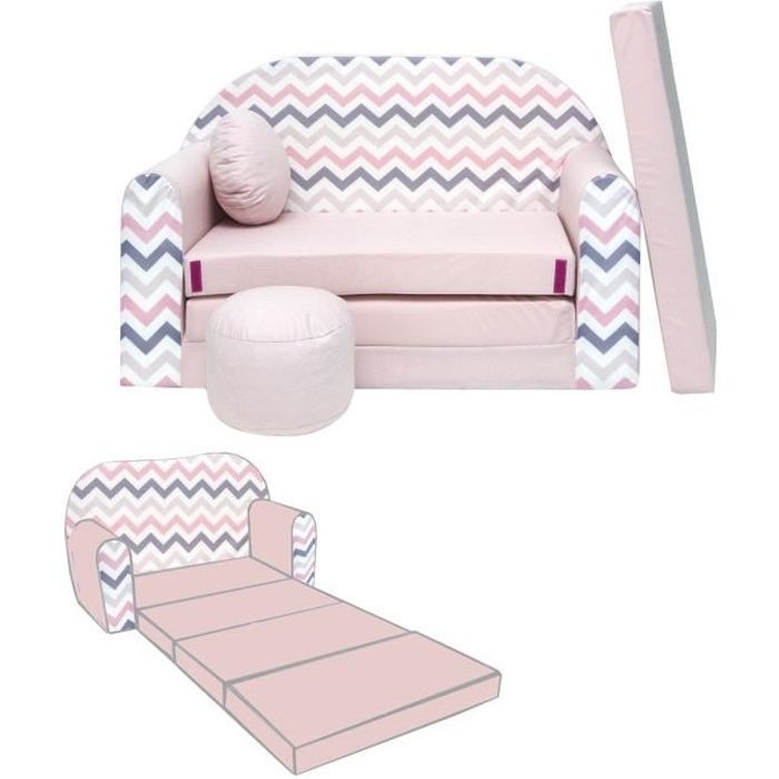 Sofá-cama infantil conversível NINO com pufe e almofada - Zigzag rosa
