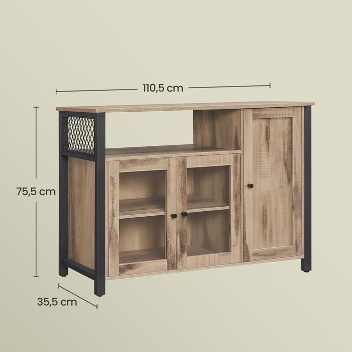 Mueble de almacenamiento con 3 puertas, 33 x 110 x 75 cm, estilo rústico, marrón y negro.