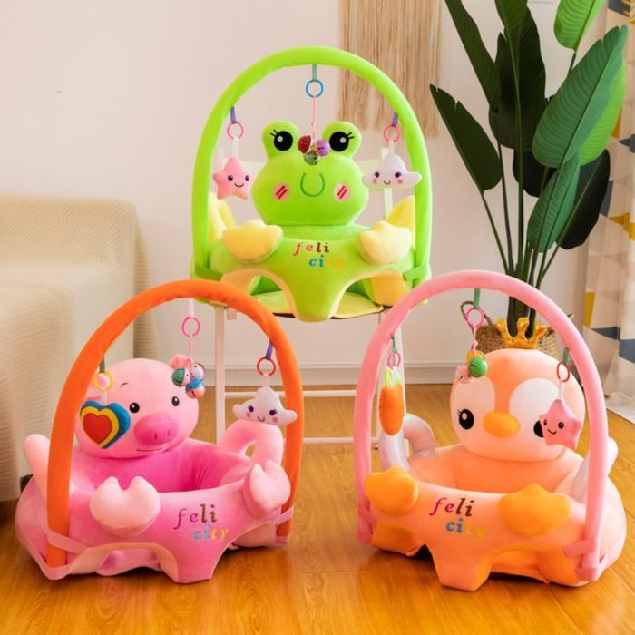 Sillón para bebé a partir de 3 meses, silla de aprendizaje de peluche con barra de juego, asiento suave con soporte para el suelo - Osito