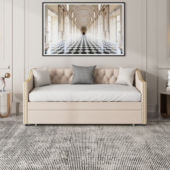 Schlafsofa – Modernes skandinavisches Design – 2-Sitzer – Leinen und Massivholz – Verwandlungsfunktion mit Stauraum