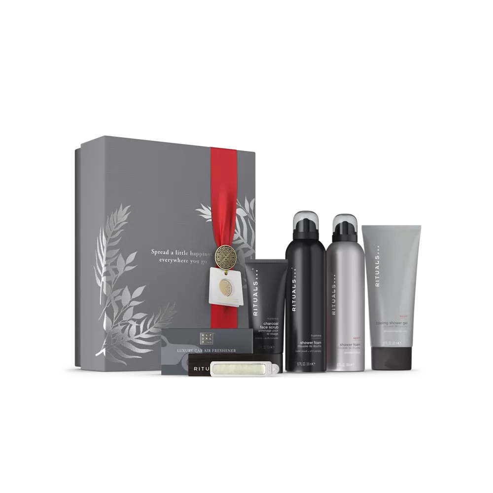 Set de regalo Homme L: 2 geles de ducha espumosos de 200 ml, gel de ducha de hielo de 200 ml, exfoliante de carbón de 70 ml, perfume para coche.