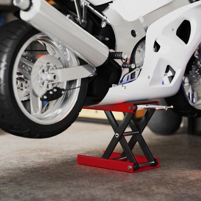 Elevador de motocicletas, capacidad de carga de 500 kg, plataforma elevadora regulable en altura de 100 a 370 mm.
