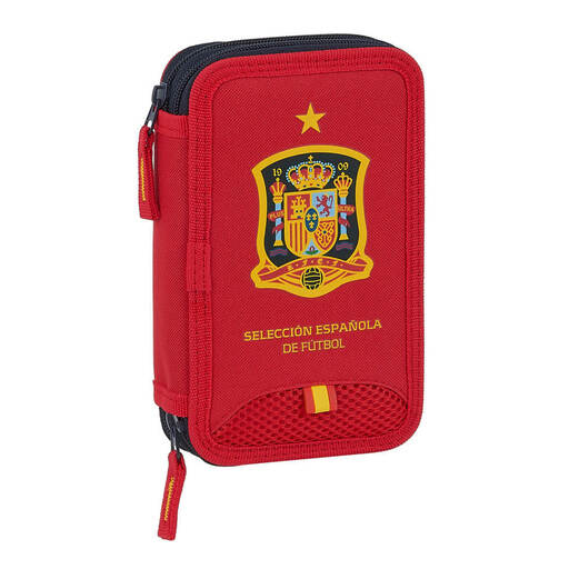  Mochila escolar Safta com 28 itens úteis inclusos, Seleção Espanhola de Futebol, 125x40x195mm, Vermelha