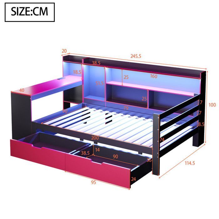 Letto singolo 90x200 cm con LED - 2 cassetti e vani portaoggetti - Presa elettrica - Nero+rosso