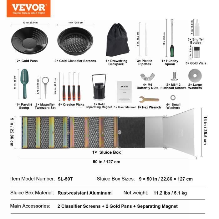Kit portátil para buscar oro - VEVOR - 23 piezas - Caja de lavado de oro de 270 cm, tamiz, pipetas, pala y bolsa de transporte.