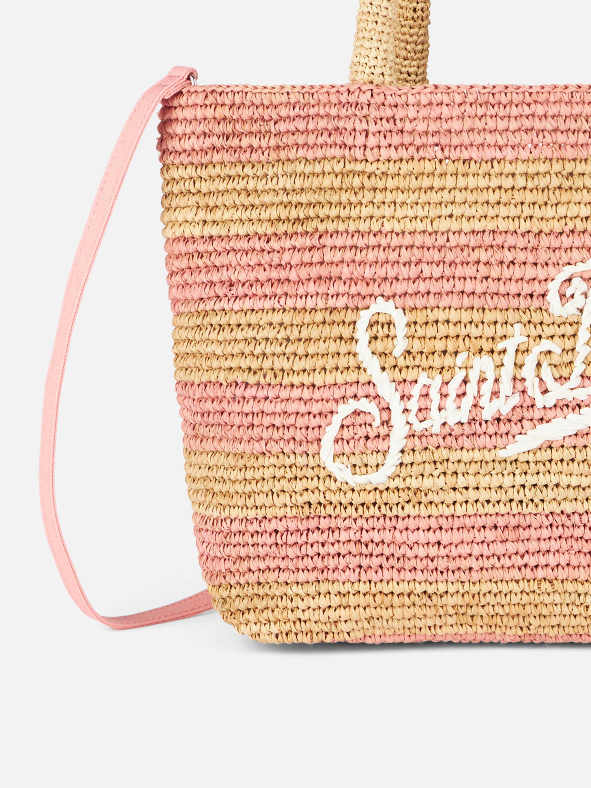 Roze gestreepte raffia midi strandtas met katoenen clutch