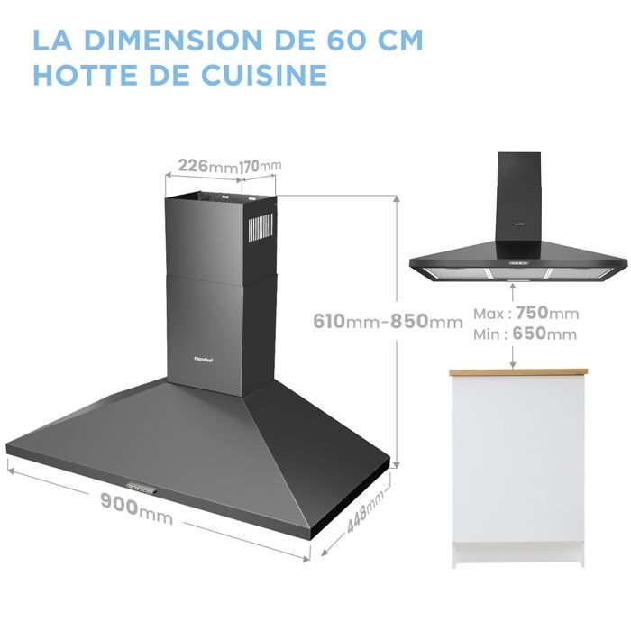 Hotte Aspirante Comfee Hotte de Cuisine 90cm - 400 m³/h - 2 Filtres à Charbon - 3 Vitesses-Recyclage ou Évacuation - LED - NOIR