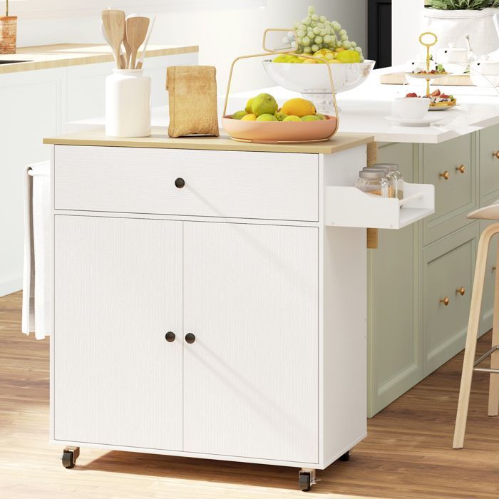 Carrito de cocina con ruedas - HOMCOM - cajón, estante ajustable, especiero y toallero - blanco