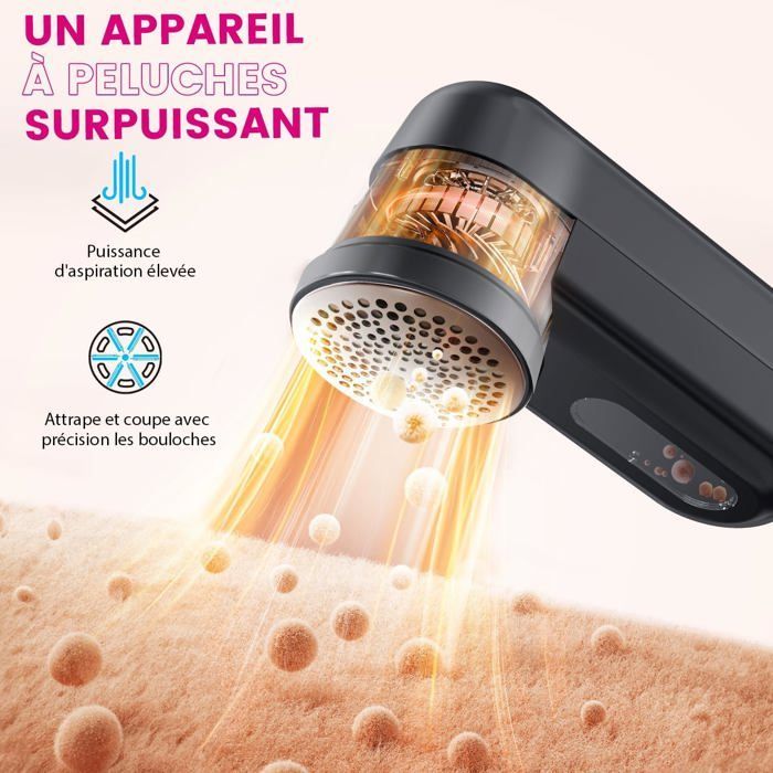 Rasoir Anti Bouloche Électrique Écran LCD, 2 Niveaux de Puissance Réglables, Tête à 6 Lames Fraise à Peluches,Type-C