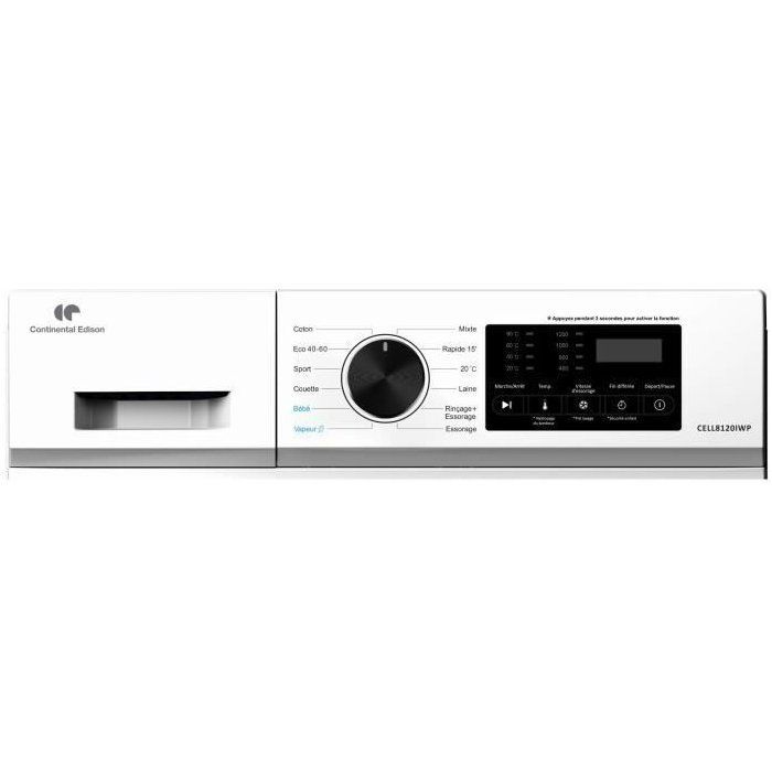 Lave-linge hublot CONTINENTAL EDISON CELL8120IWP - 8 kg - Induction - L60cm - 1200 trs / min - Classe A - Blanc hublot noir