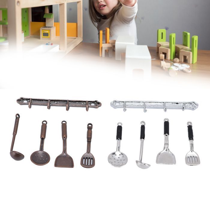 Set of 2 miniature kitchen accessory sets for 1:12 scale dollhouses: miniature shovel, spoon, hook, colander