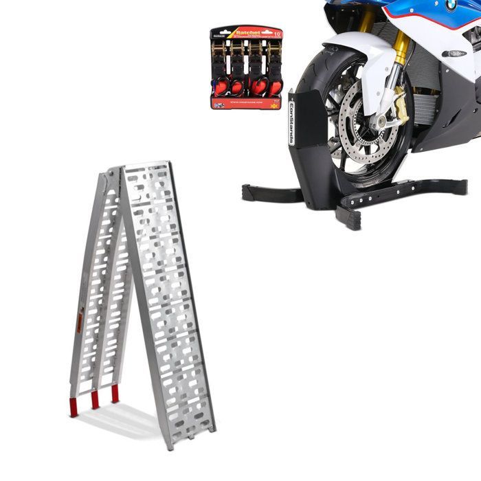 rampe de chargement en Alu max. 340 kg pliable + Set béquille cale de roue moto avant av. Sangles de cliquet Easy Plus