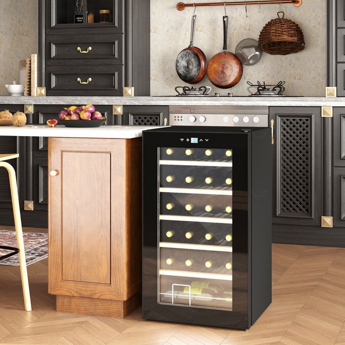 Vinoteca para 24 botellas - HOMCOM - Frigorífico silencioso de 65 L, 5-20 °C, pantalla táctil LED, 41 dB - Metal y plástico - Negro