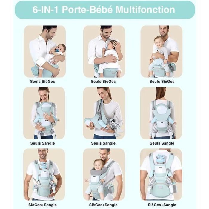Portabebés multifuncional 6 en 1 para senderismo con asiento ergonómico ajustable para bebés y niños de 3 a 36 meses, color verde.