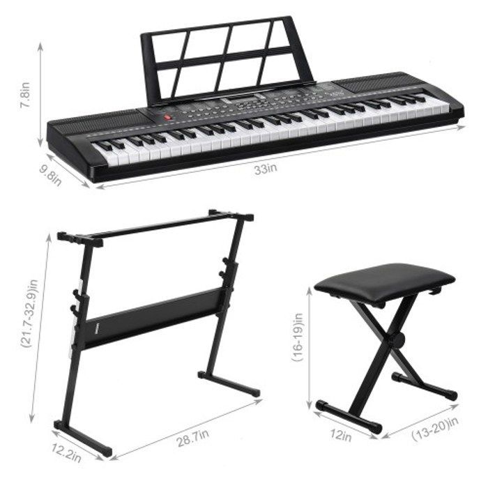 Teclado de piano de 61 teclas, con soporte y banqueta, 200 timbres, 200 ritmos, 60 canciones de demostración.