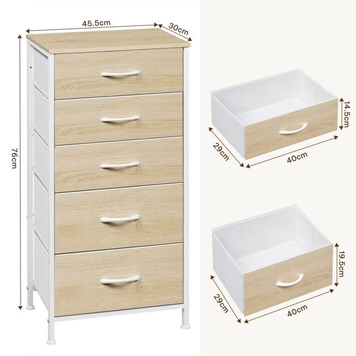 Cómoda WOLTU - Tocador con 5 cajones de tela - Mueble de MDF y metal - Roble claro + Blanco W0ITT5021