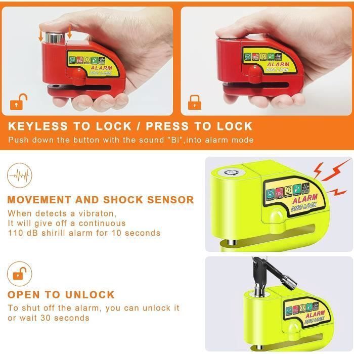 Candado de disco para motocicleta con alarma de 110 dB, candado de disco para scooter con alarma para motocicletas, bicicletas y scooters, con cable de 1,5 m.