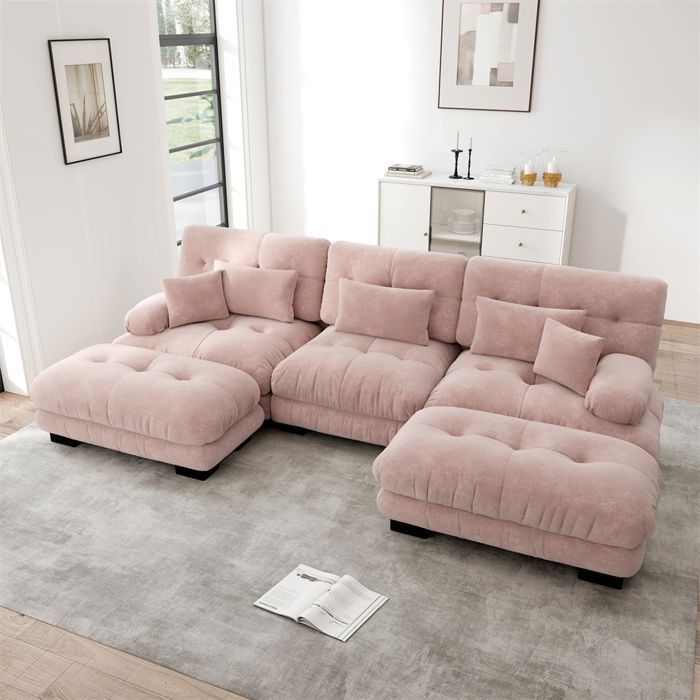 Sofá em formato de U DRIPEX Cloud de 4/5 lugares para sala de estar, sofá escandinavo em chenille com almofadas e pufe, 313×145×81cm, rosa