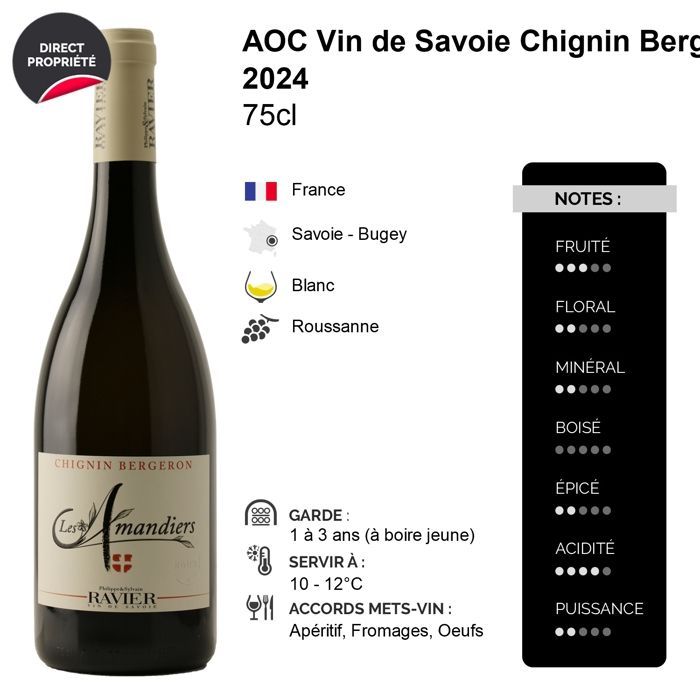 Philippe e Sylvain Ravier Vin de Savoie Chignin Bergeron Les Amandiers 2024 - Vinho Branco de Savoie - Bugey (6x75cl)