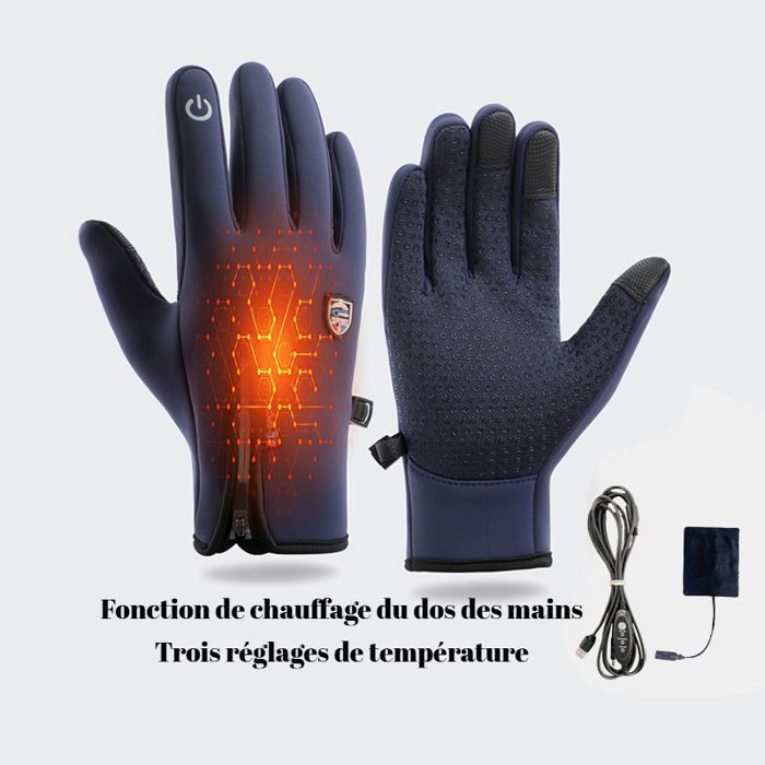 5V USB Rechargeable Heated Gloves - 3 Heat Levels - Windproof and Waterproof - Blue