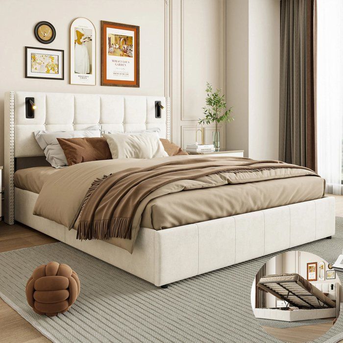 140x190 cm bed, velvet storage bed with headboard and slatted base, adult bed for 2 people, reading lamps, beige