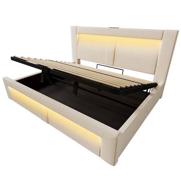 Lit coffre rembourré 180x200 cm, Lit double avec rangement, APP-Control LED, USB et Type-C, Tête de lit incurvée, Velours, Beige